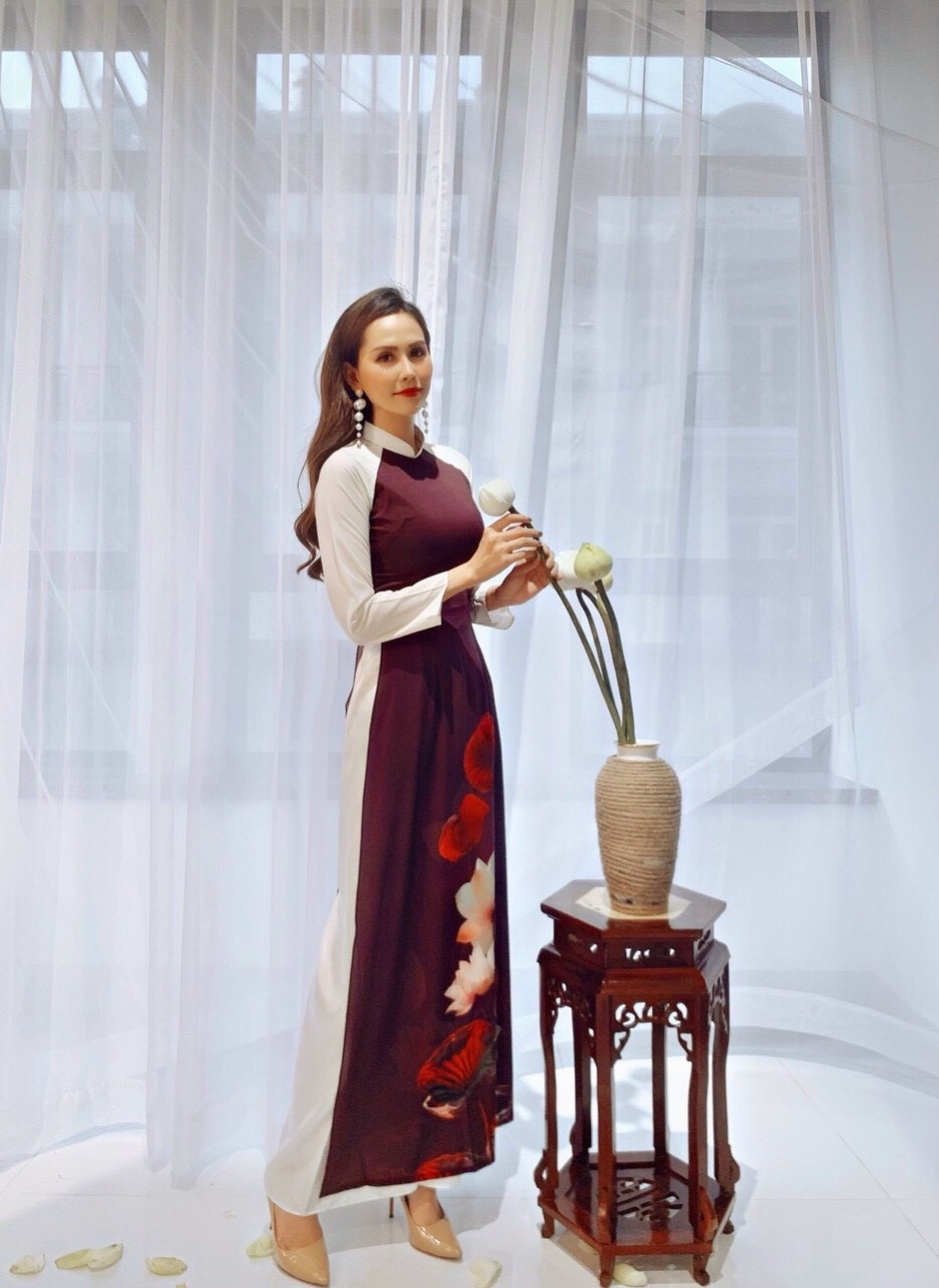 Set  Áo Dài Truyền Thống Hoạt Tiết Bông Sen - AL64